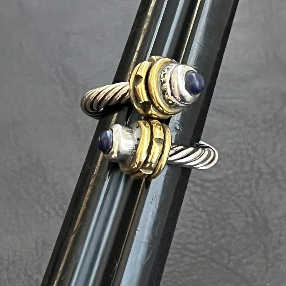 Vintage Taxco Mexico sterling silver brass and lapis cable bypass ring